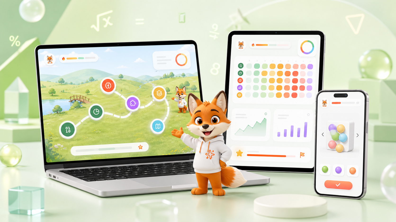 Ноутбук, планшет и смартфон с ярким миром FEMO, тепловой картой знаний и интерактивной математикой рядом с Феми